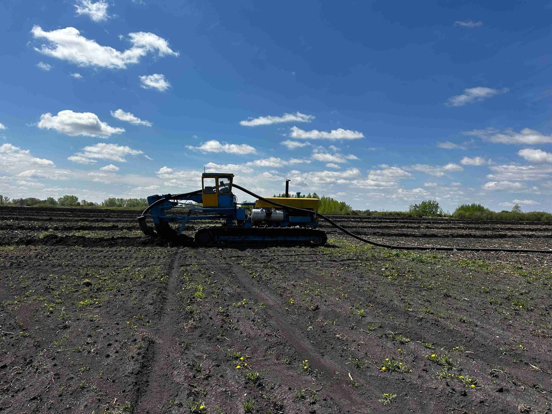 Blue farm machinery working in a muddy field under a cloudy sky