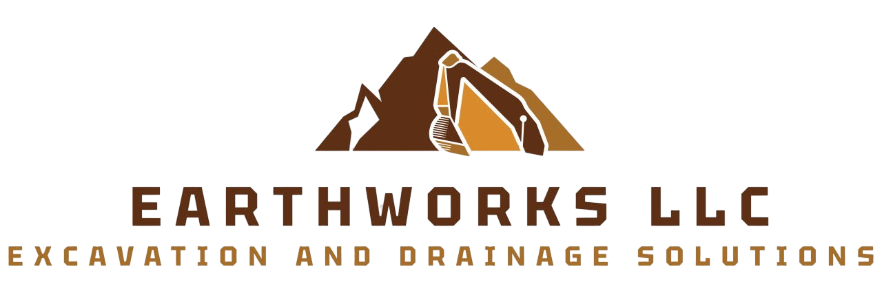 Earthworks LLC logo with brown excavator icon and &ldquo;Excavation and Drainage Solutions&rdquo; text on white background
