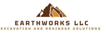 Earthworks LLC logo with brown excavator icon and &ldquo;Excavation and Drainage Solutions&rdquo; text on white background