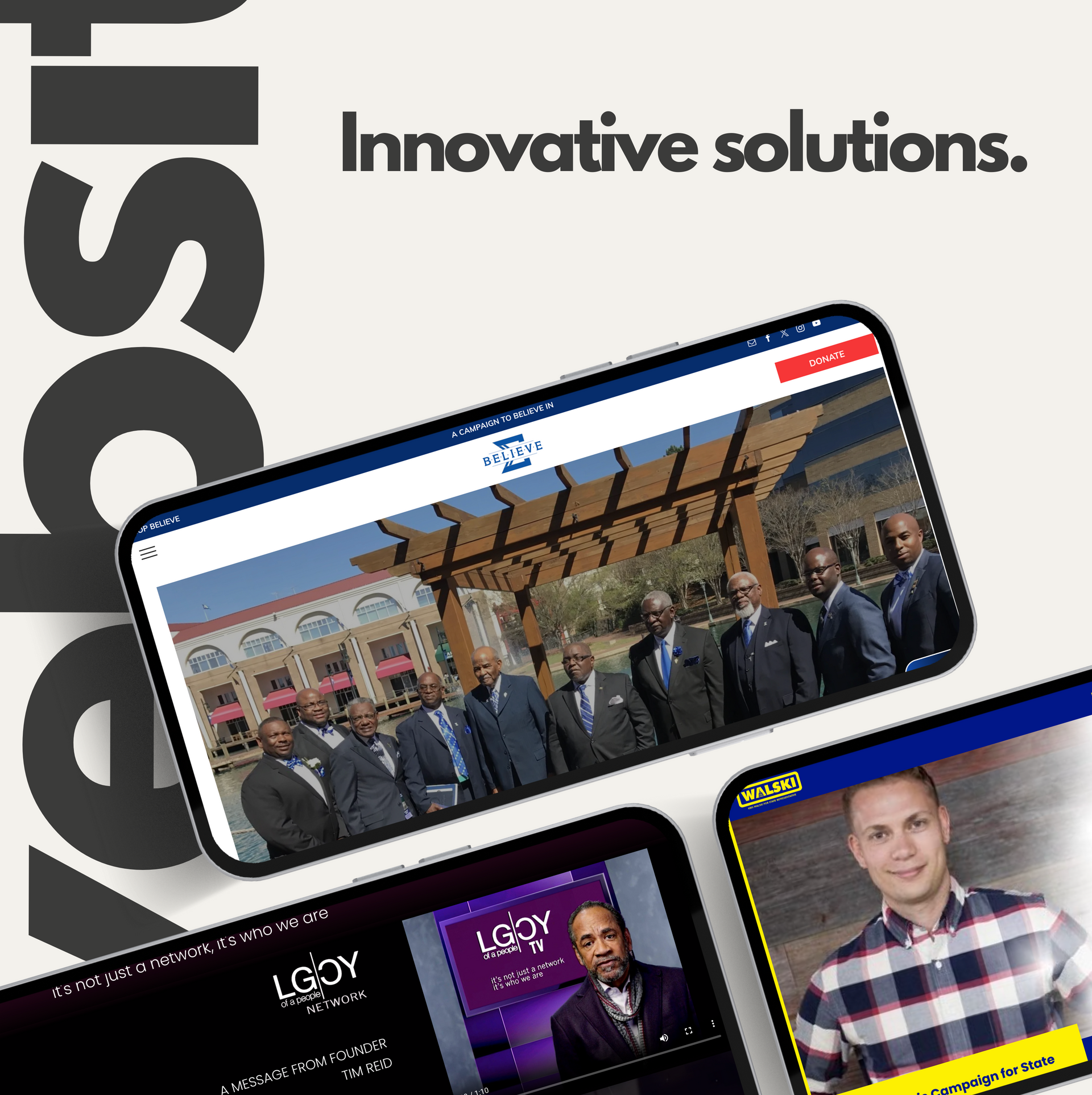 Website display: A phone with a website showcasing a group of suited men.