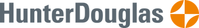 Hunter Douglas logo with dark gray text and an orange circular icon on a white background