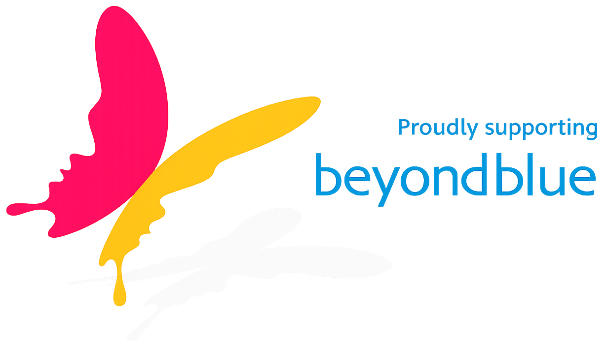 Proudly supporting beyondblue logo with pink and yellow bird silhouettes on white background