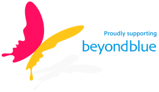 Proudly supporting beyondblue logo with pink and yellow bird silhouettes on white background