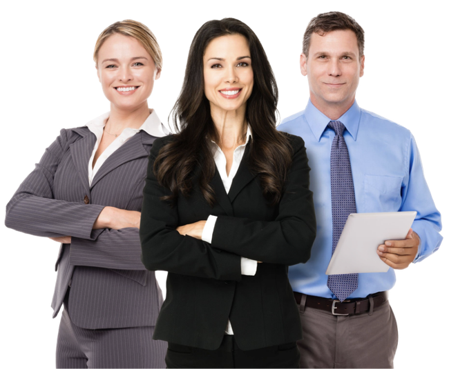 Three business professionals standing together, two in suits with arms crossed and one holding documents.