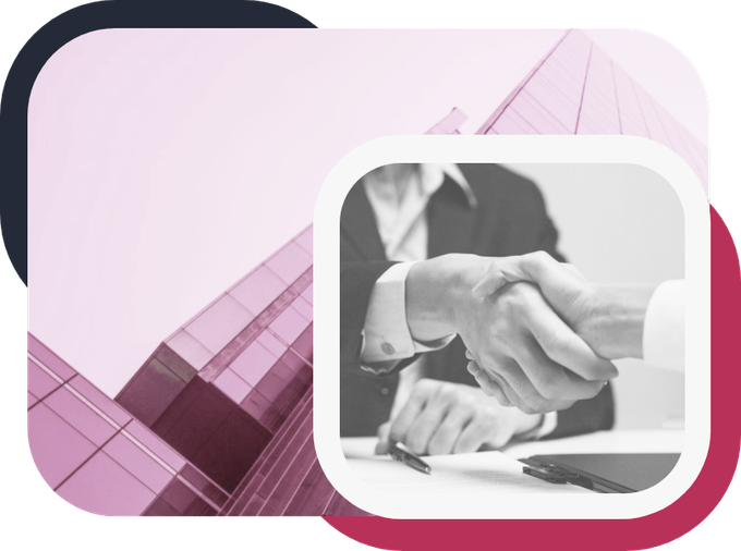 Business handshake over a desk, with pink geometric background and dark accent corner.