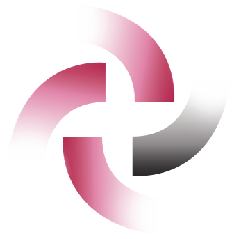 Abstract pink, white, and gray interlocking swirl logo on a white background