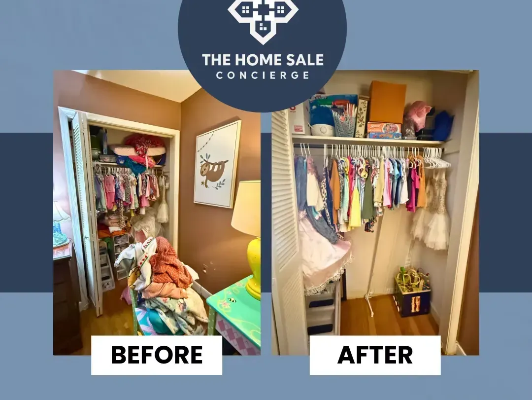 Before and after photos of a closet; messy clothes vs. organized clothes and shelf. The Home Sale Concierge logo is at the top.