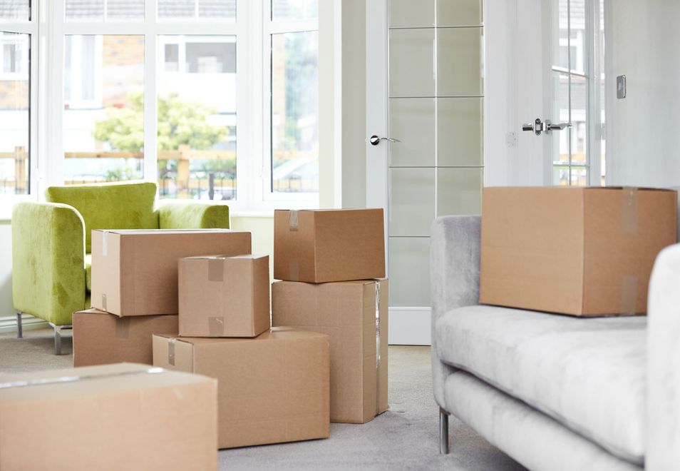 Cardboard moving boxes stacked in a brightly lit living room; near a green armchair and a gray sofa.