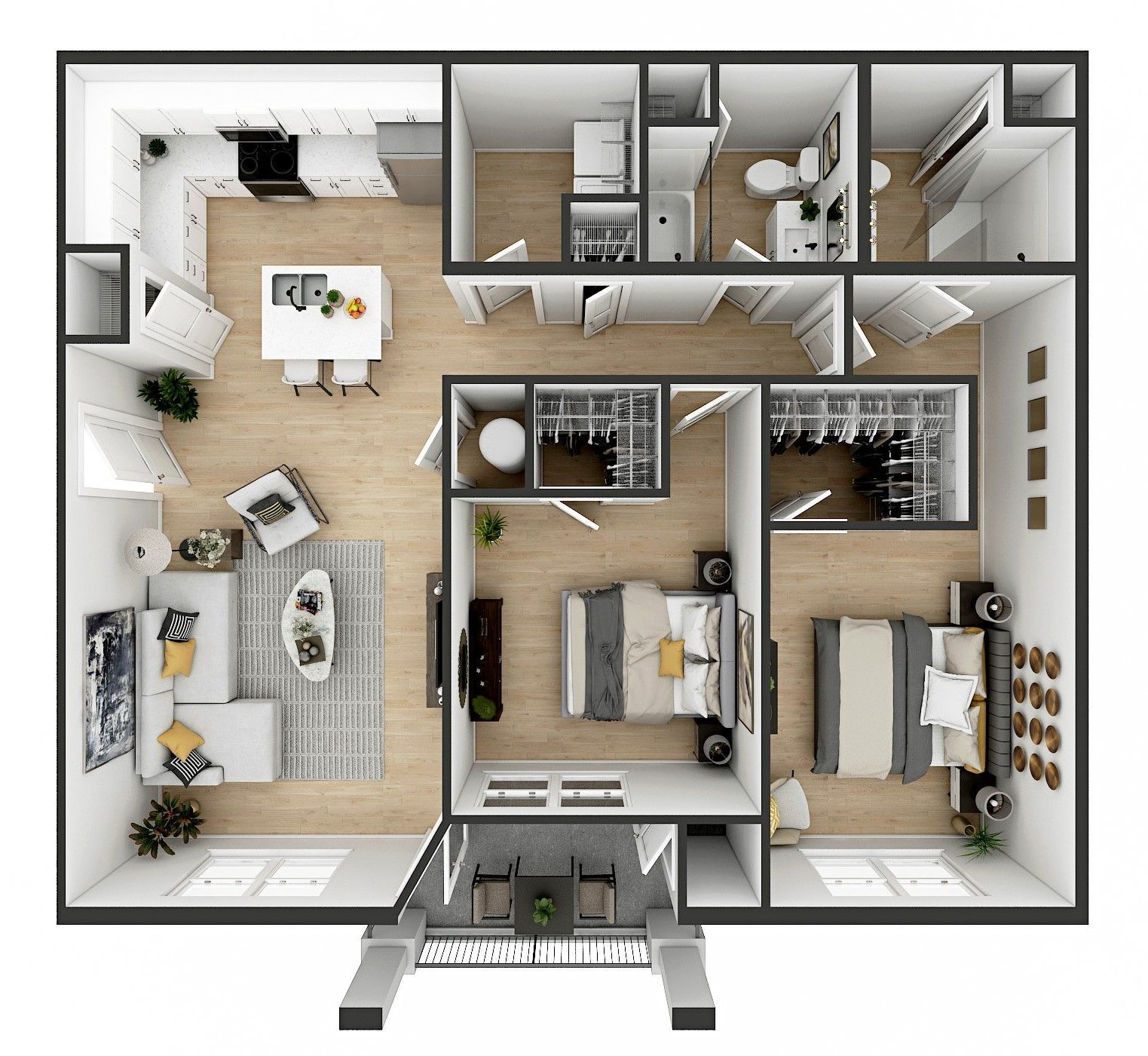 Modern 2-bedroom, 2-bath apartment layout with open living area and private bedrooms at Mill Creek L