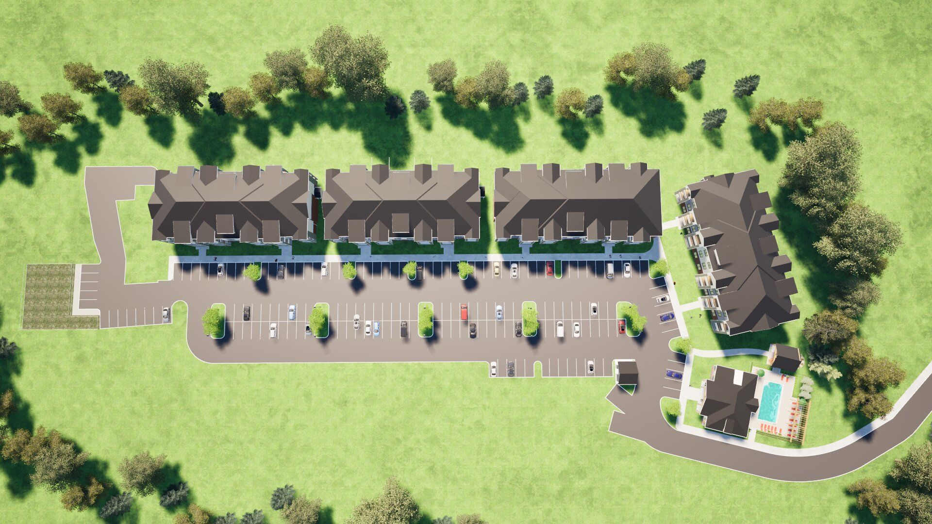 Rendered site plan of the Millcreek Apartments community showing building layout, parking areas, and landscaped green spaces.