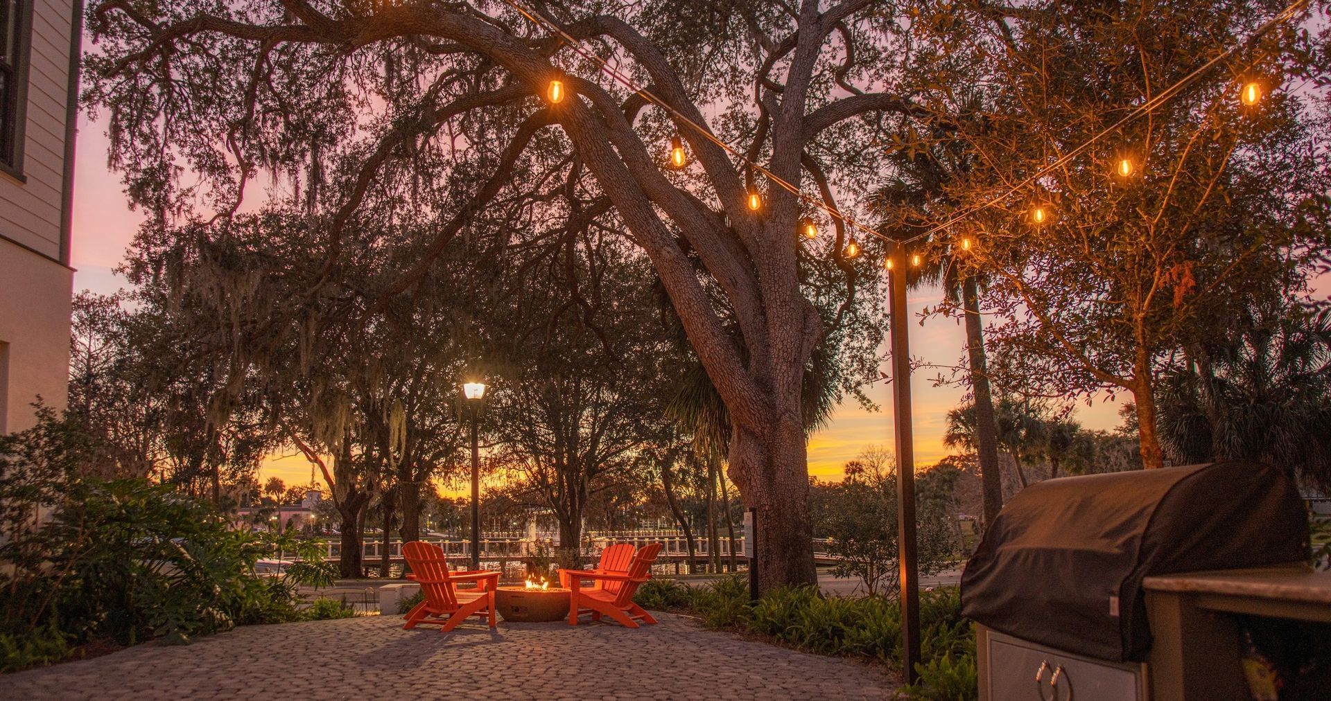 Photo showing the firepit area at sunset