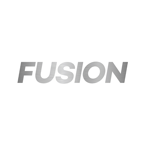 Gray italic word “FUSION” on a white background