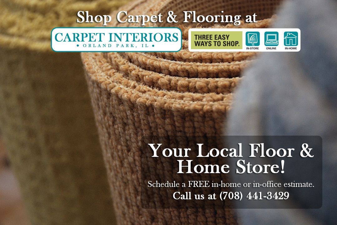 Carpet and flooring store ad over close-up brown carpet rolls, with store logo and phone number.