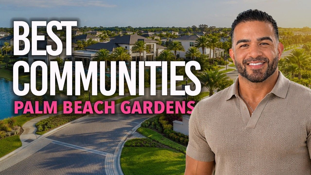 Promotional graphic for Best Communities, Palm Beach Gardens, with a smiling man beside a waterfront neighborhood sunset
