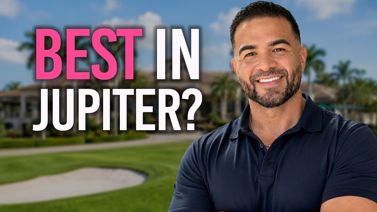 Man smiling on a golf course with text “BEST IN JUPITER?”