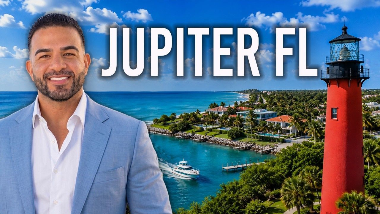 Man in light blue blazer by a coastal view with boat and red lighthouse, “JUPITER FL” text