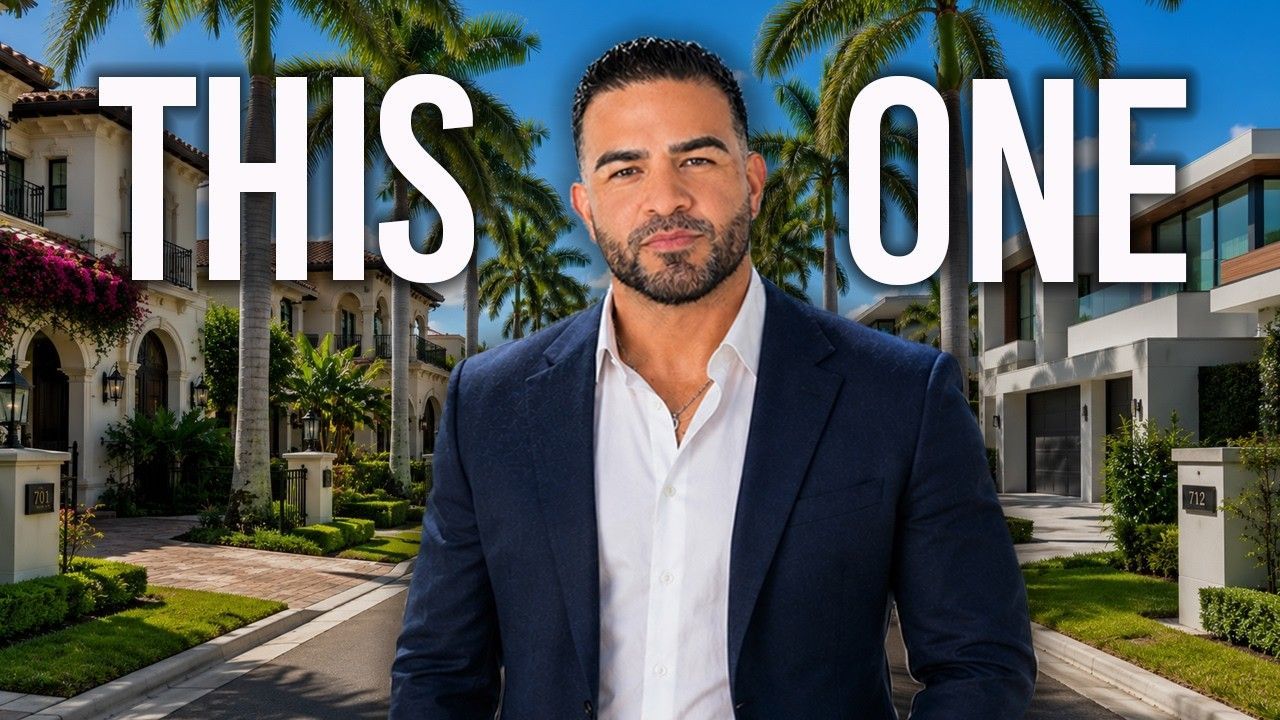 Man standing in a suit on a sunny suburban street with “THIS ONE” text above him