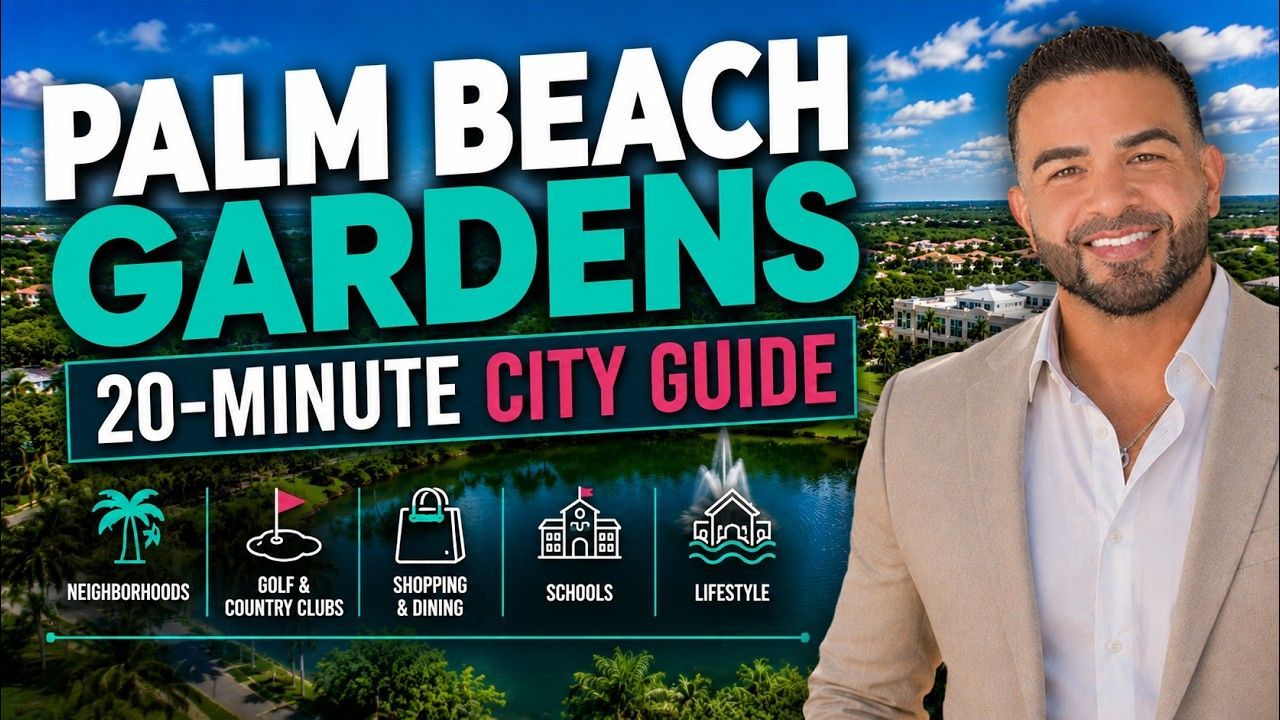 Palm Beach Gardens city guide thumbnail with smiling man, palm trees, and bold teal text