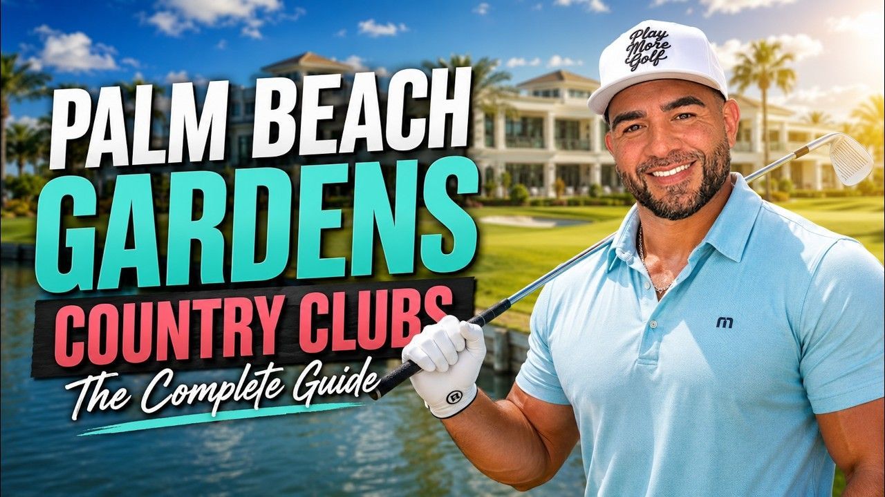 Palm Beach Gardens Country Clubs guide cover with smiling golfer holding a club on a golf course