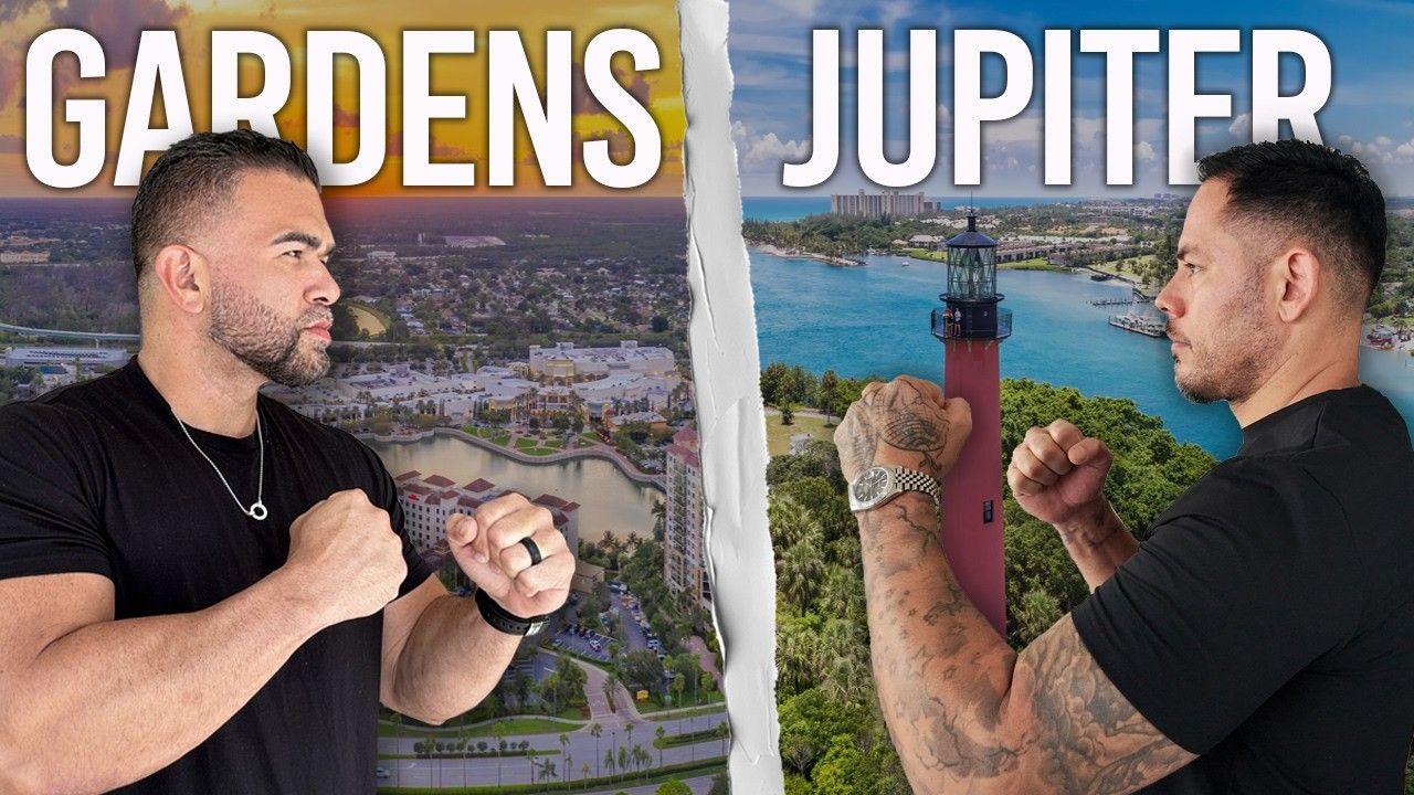 Two men pose in a split-screen with “GARDENS” and “JUPITER” over city and waterfront views.