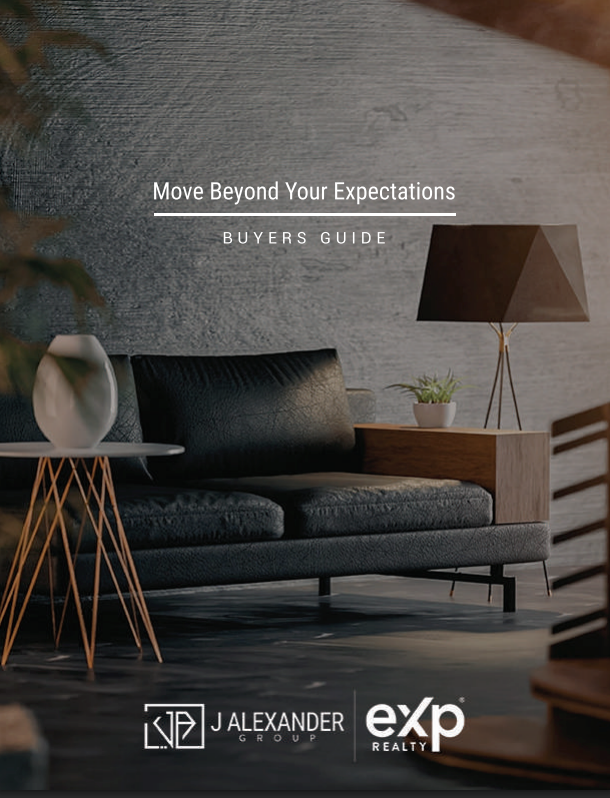 Modern living room with black sofa, side table, lamp, and the text “Move Beyond Your Expectations” and “Buyers Guide”