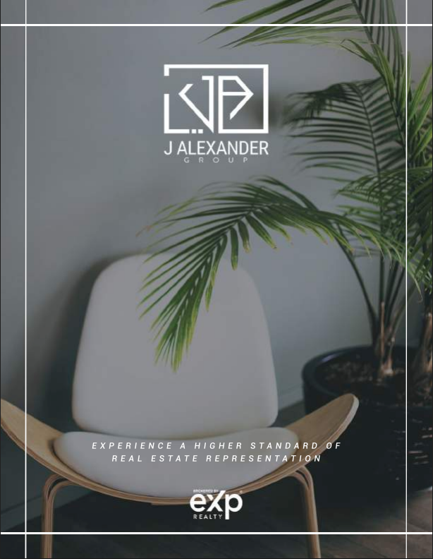 Logo over gray chairs and a potted palm in a modern office, with real estate branding text.