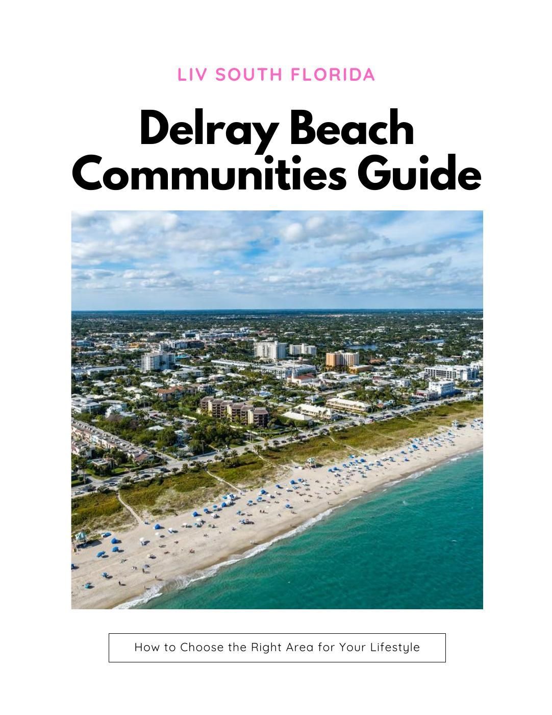 Delray Beach Communities Guide cover with aerial beach coastline and cityscape under a blue sky