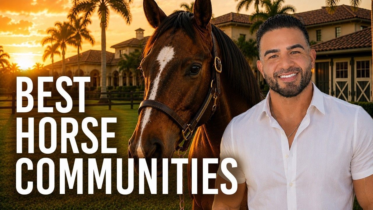 Sunset horse community promo with a brown horse, smiling man, and palm-lined mansion backdrop
