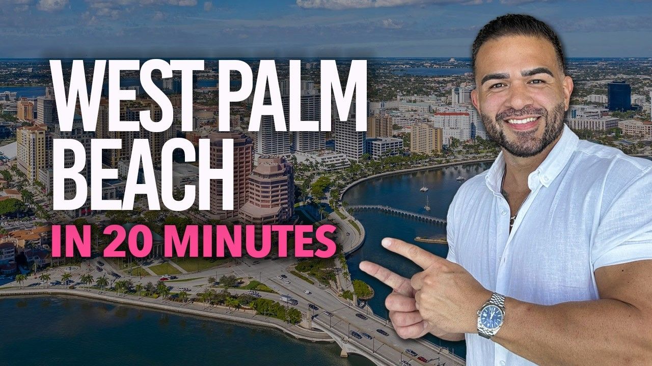 West Palm Beach skyline with a smiling man pointing and text “IN 20 MINUTES”