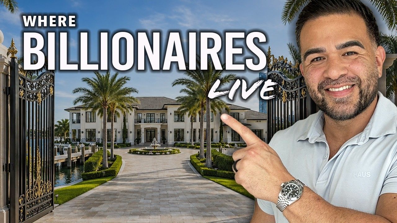 Luxury mansion entrance with palm trees and man pointing, text reads “Where BILLIONAIRES live”