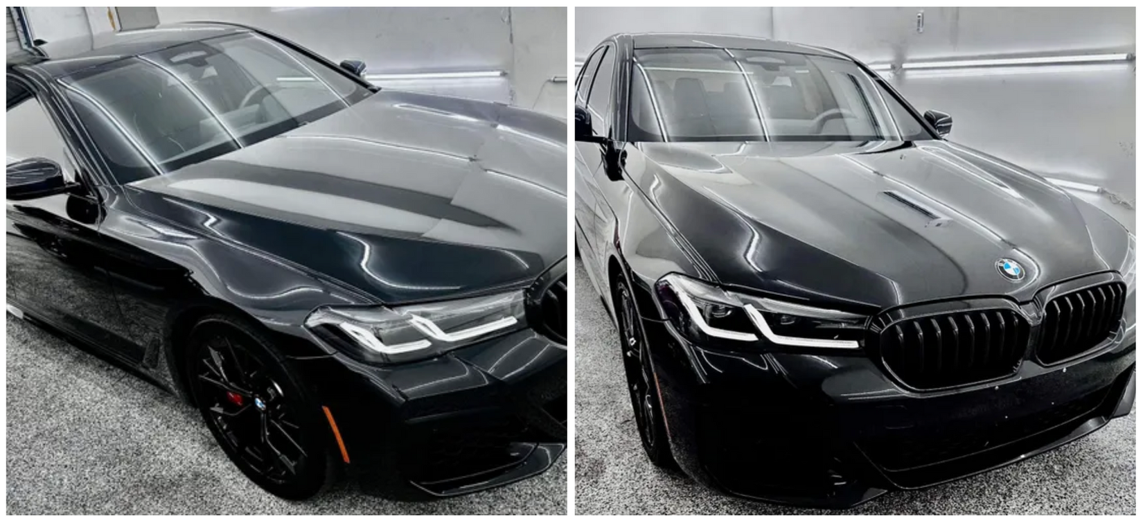 Two black cars are parked next to each other in a garage with Bob Moses ceramic coating, Sensha World Crystal Glow