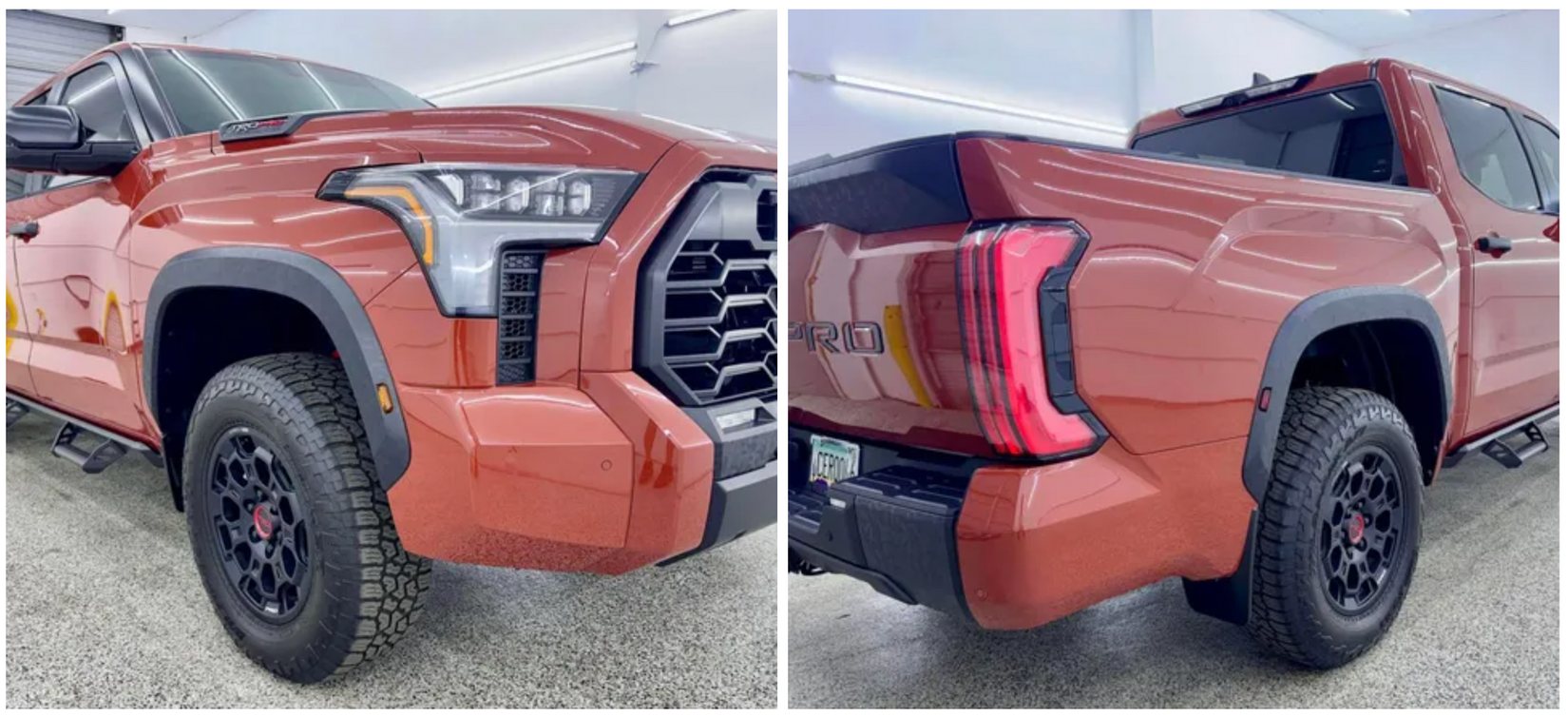 A red toyota tundra truck is parked in a garage with Bob Moses ceramic coating, Sensha World Crystal Glow