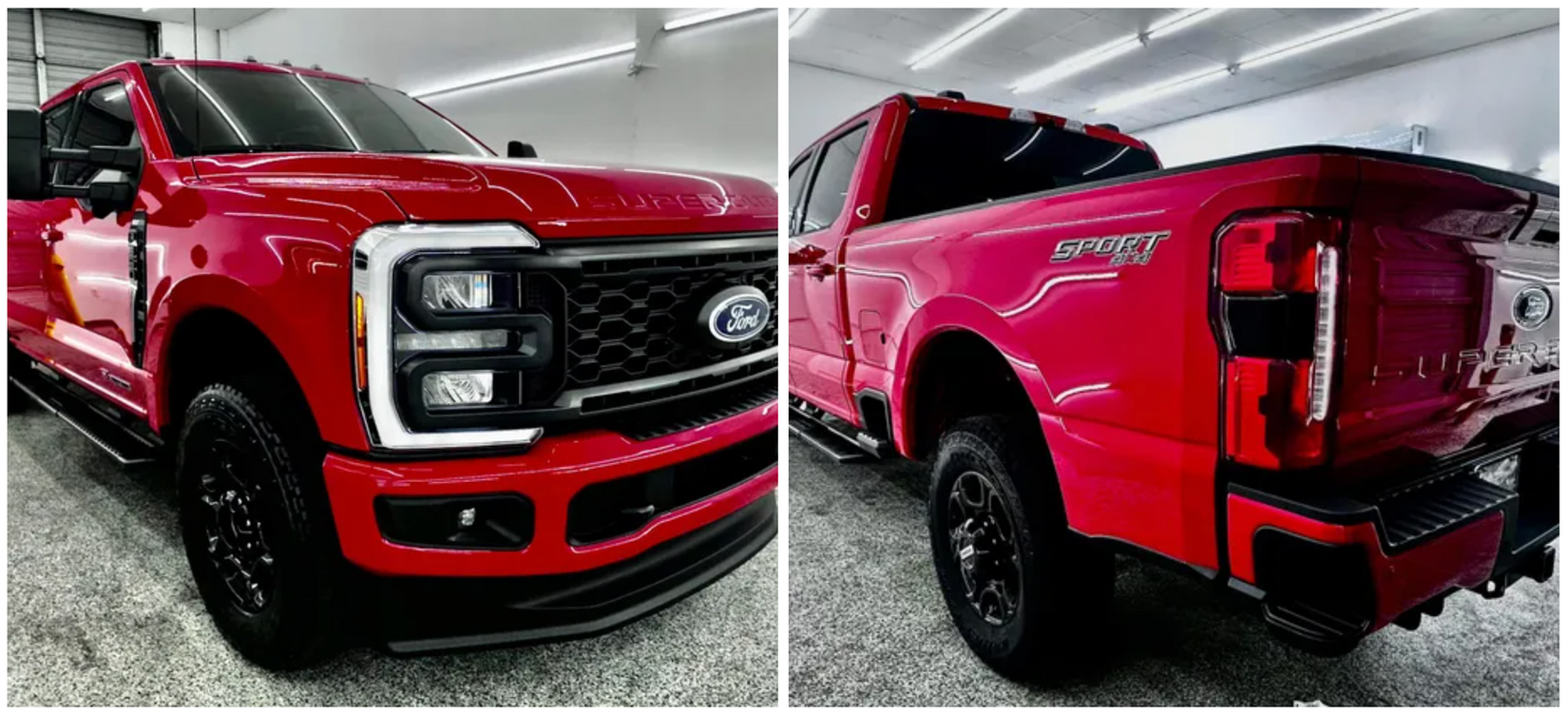 A red ford f250 super duty truck is parked in a garage with Bob Moses ceramic coating, Sensha World Crystal Glow