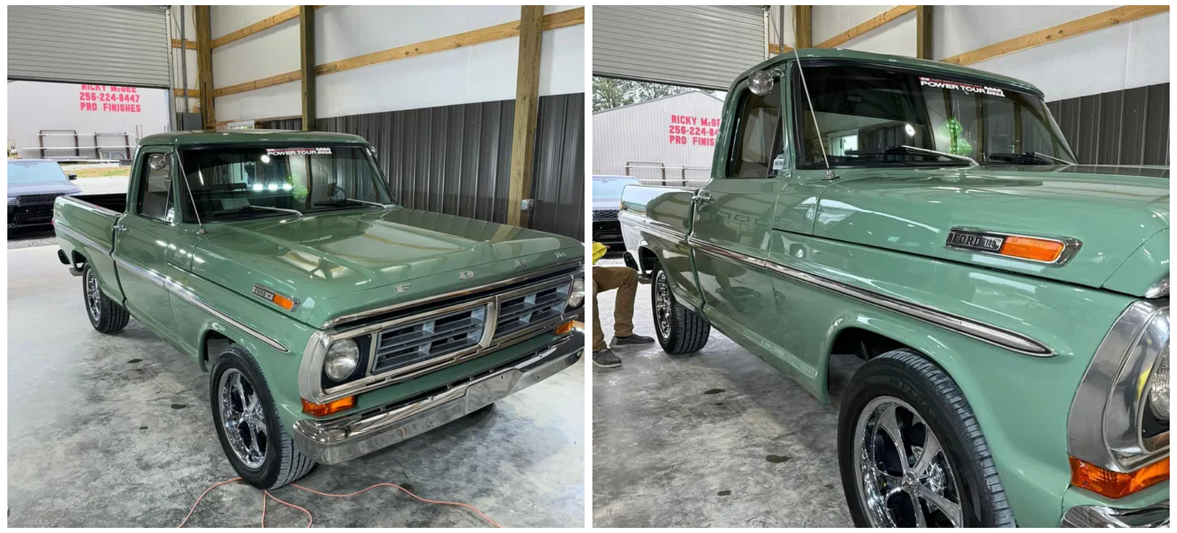 A green pickup truck is parked in a garage with Bob Moses ceramic coating, Sensha World Crystal Glow