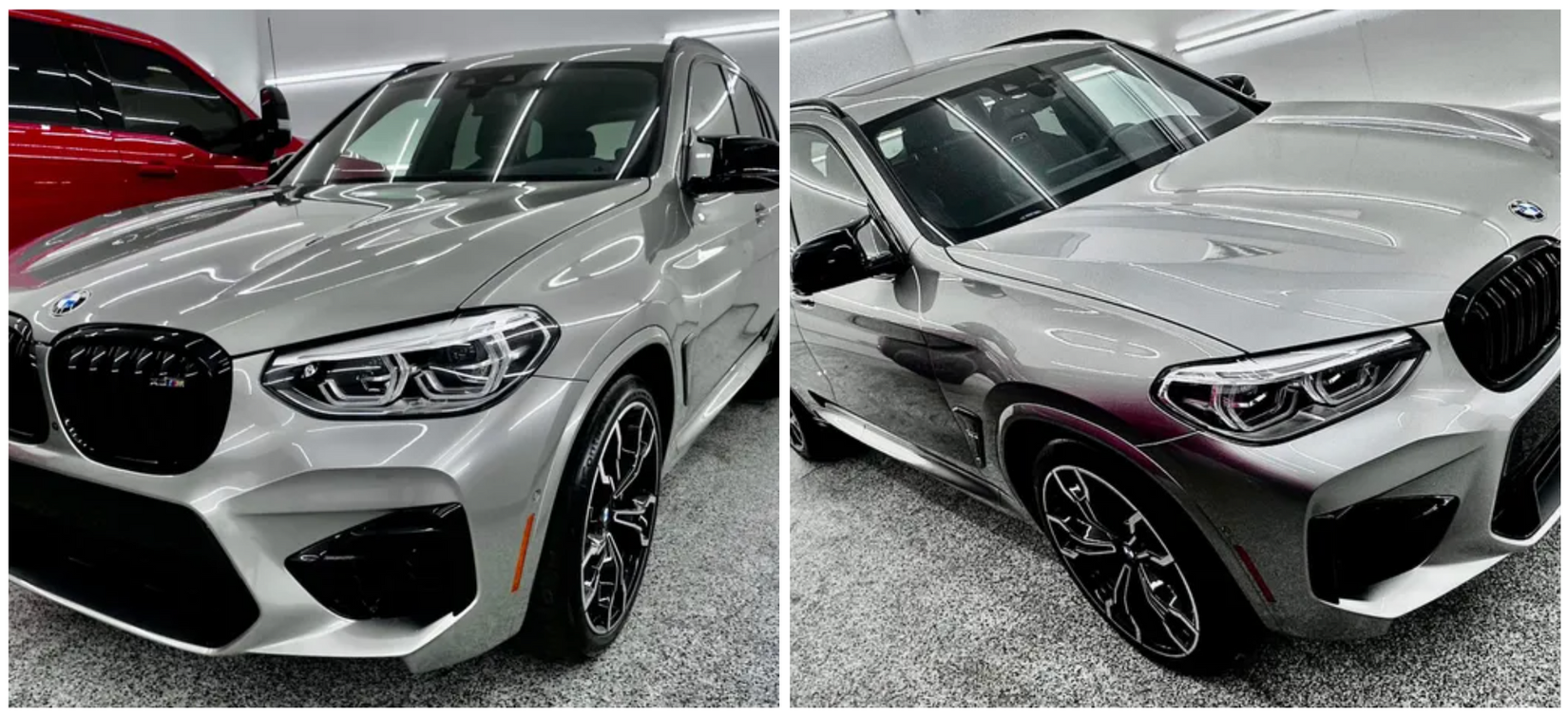 A bmw x3 m is parked next to a red car in a showroom with Bob Moses ceramic coating, Sensha World Crystal Glow