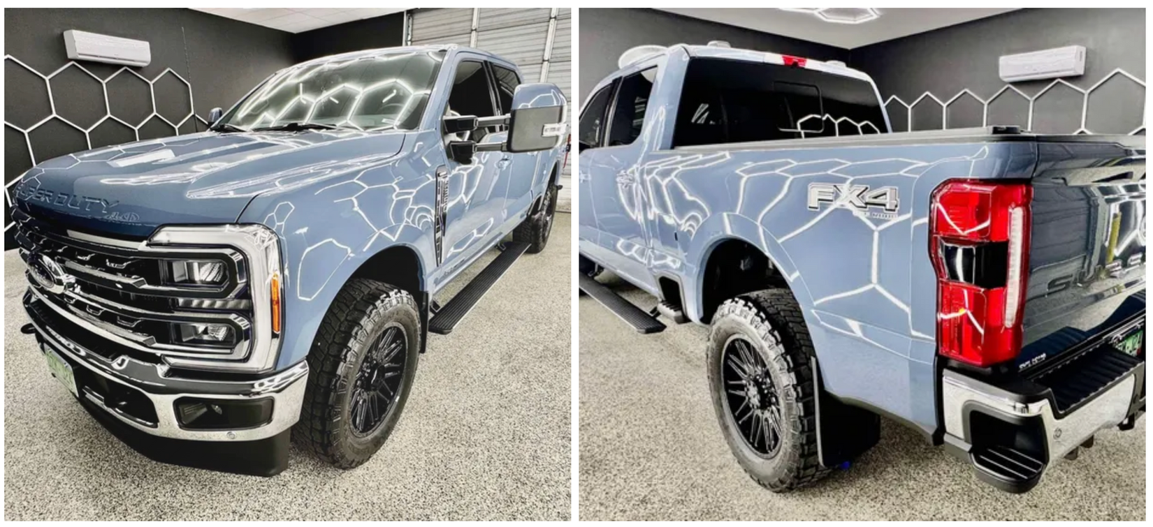 A blue ford f250 super duty truck is parked in a garage with Bob Moses ceramic coating, Sensha World Crystal Glow