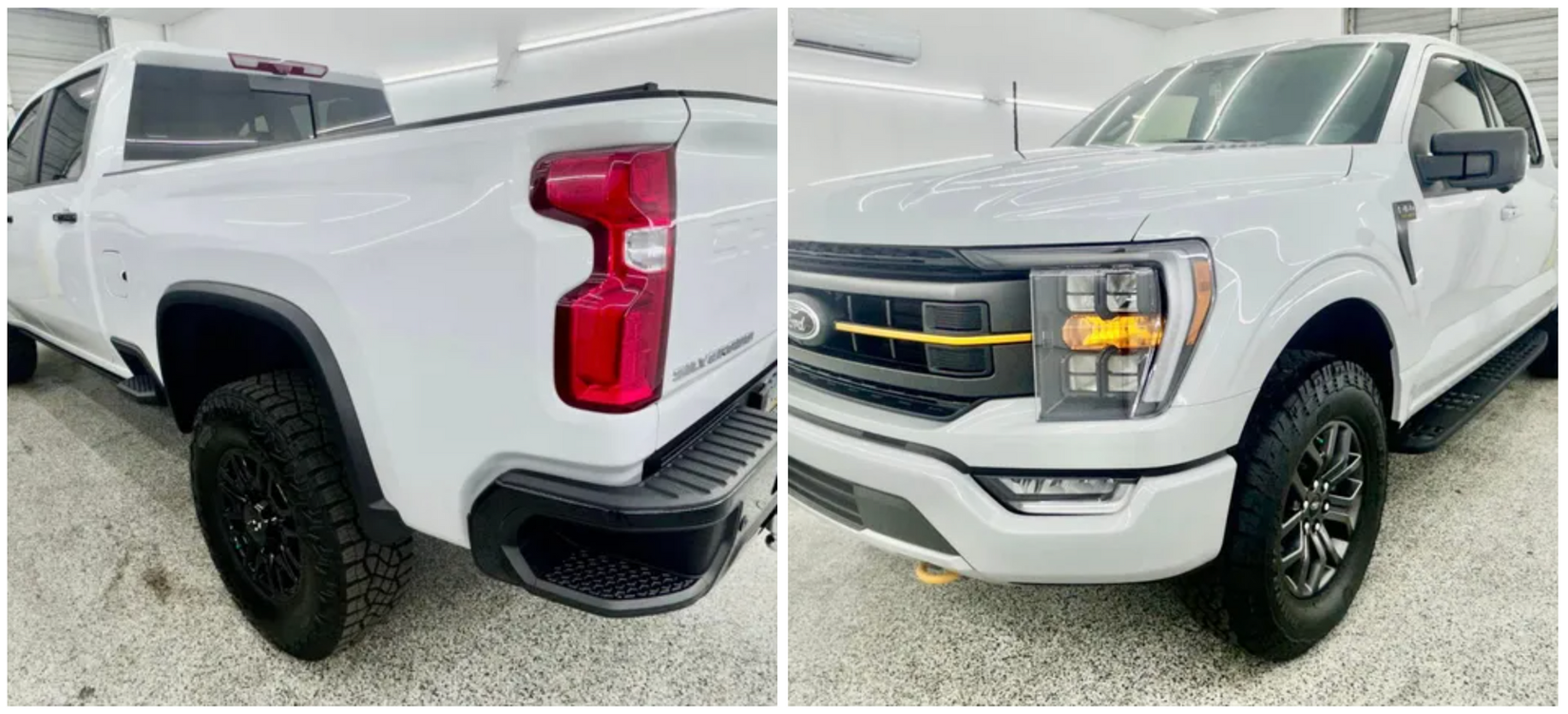 A white truck with black wheels is parked in a garage with Bob Moses ceramic coating, Sensha World Crystal Glow