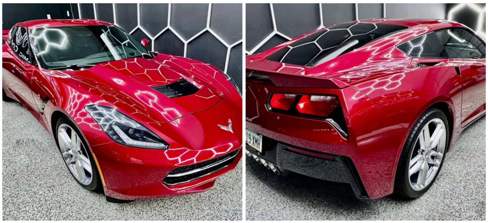 A red sports car is parked in front of a wall with Bob Moses ceramic coating, Sensha World Crystal Glow