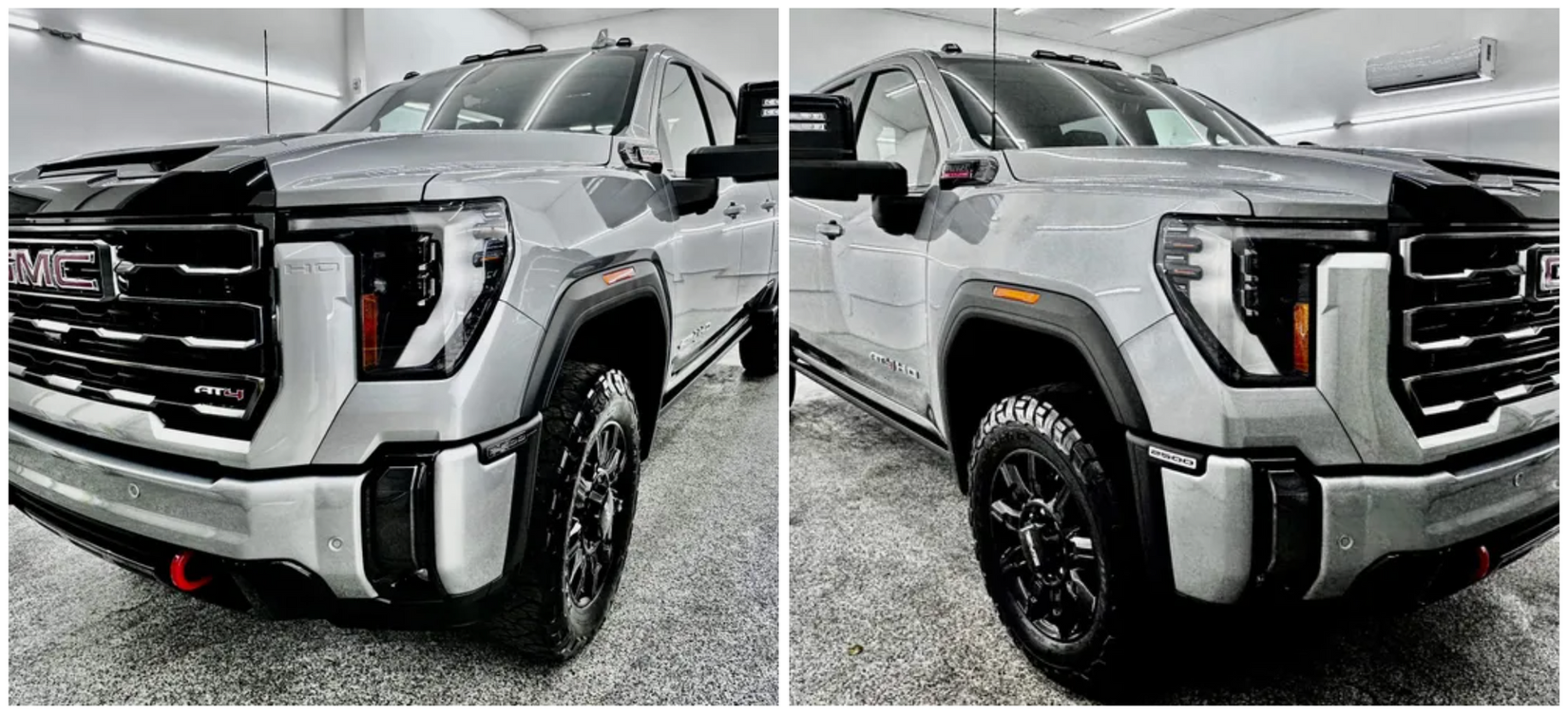 A silver gmc truck is parked in a garage with Bob Moses ceramic coating, Sensha World Crystal Glow