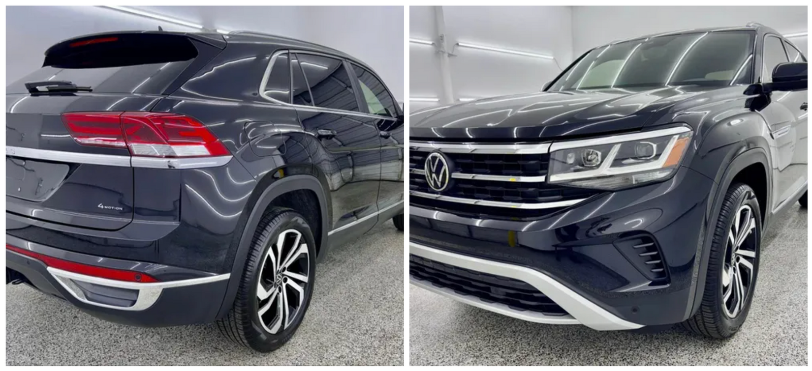 Two pictures of a black volkswagen atlas in a showroom with Bob Moses ceramic coating, Sensha World Crystal Glow