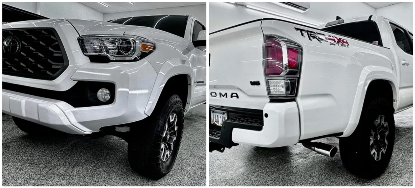 A white toyota tacoma truck is parked in a garage with Bob Moses ceramic coating, Sensha World Crystal Glow