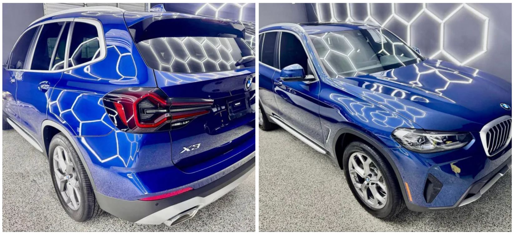 A blue bmw x3 is parked in a garage with Bob Moses ceramic coating, Sensha World Crystal Glow