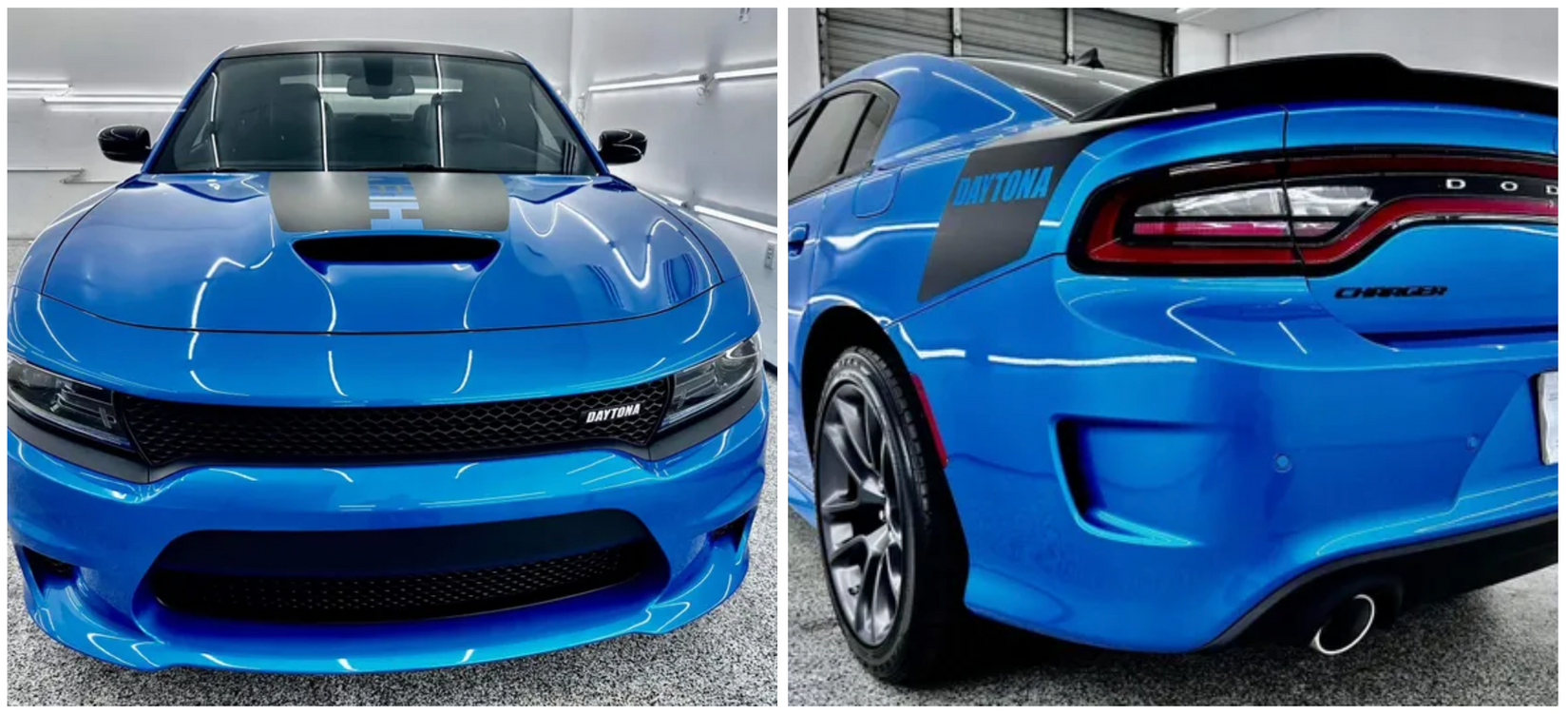 A blue dodge charger is parked in a garage with Bob Moses ceramic coating, Sensha World Crystal Glow