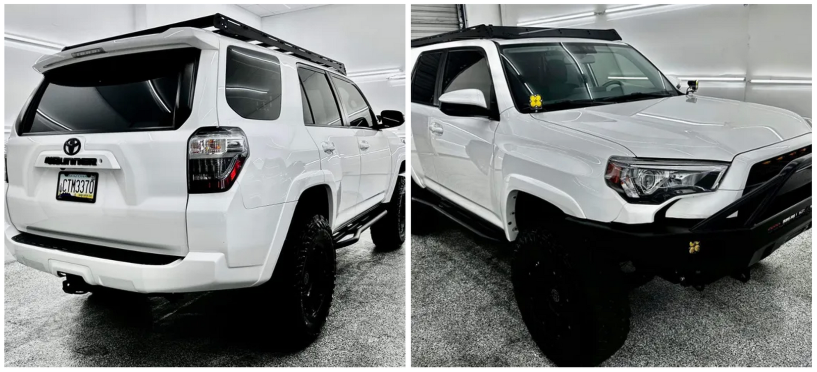 A white toyota 4runner with black wheels is parked in a garage with Bob Moses ceramic coating, Sensha World Crystal Glow