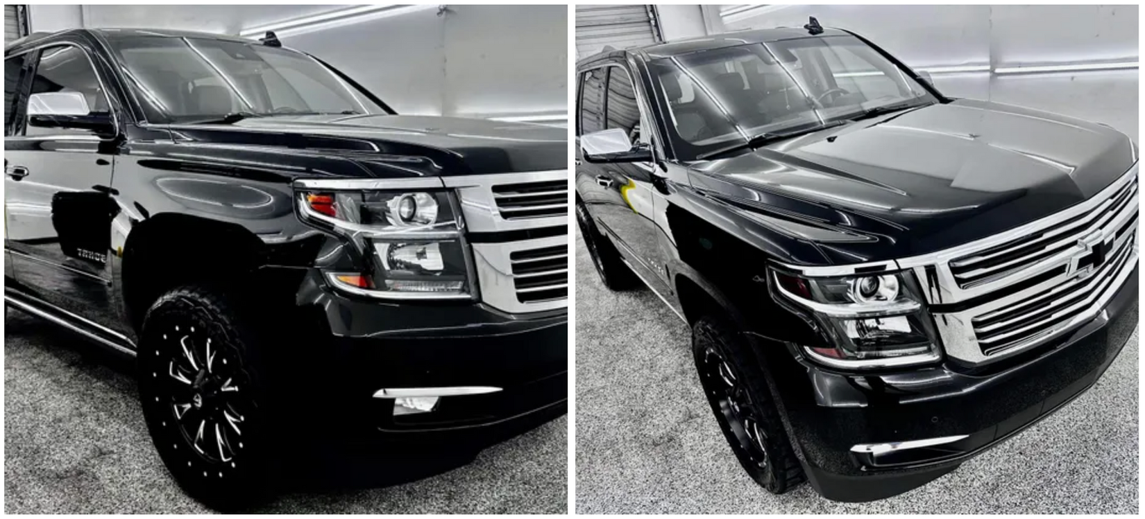 Two pictures of a black suv parked next to each other with Bob Moses ceramic coating, Sensha World Crystal Glow