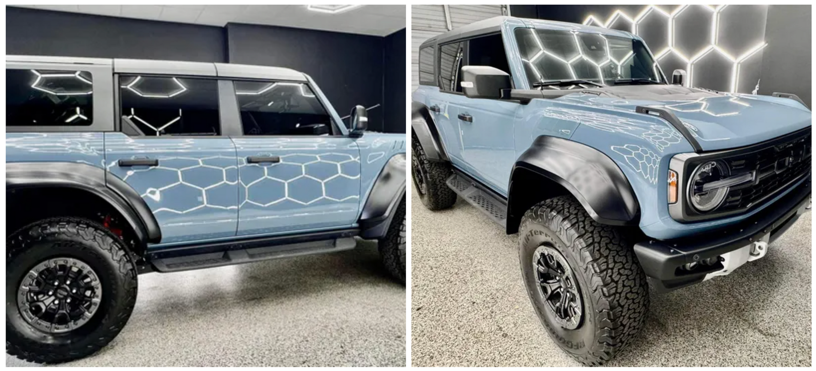A blue ford bronco is parked in a garage with Bob Moses ceramic coating, Sensha World Crystal Glow