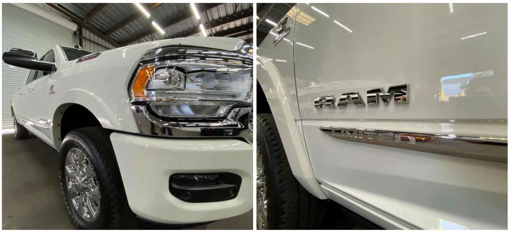 A white dodge ram truck is parked in a garage with Bob Moses ceramic coating, Sensha World Crystal Glow