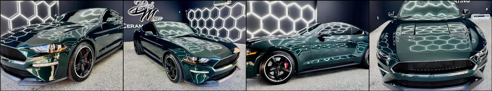 A collage of four pictures of a green car with Bob Moses ceramic coating, Sensha World Crystal Glow