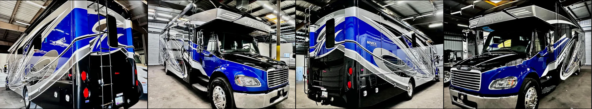 A collage of four pictures of a blue and silver motorcycle with Bob Moses ceramic coating, Sensha World Crystal Glow