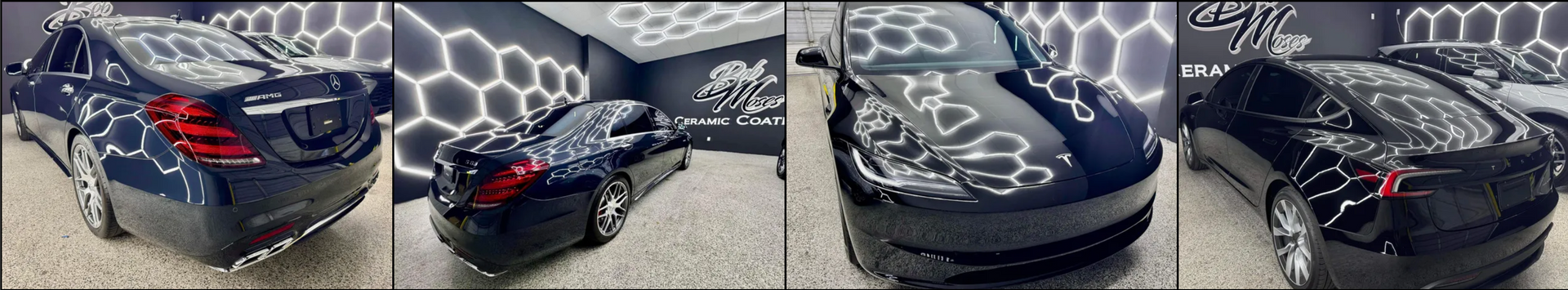 A collage of four pictures of a car with graffiti on it with Bob Moses ceramic coating, Sensha World Crystal Glow